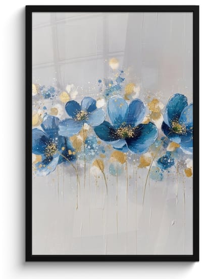 Poster in lijst - Fotolijst 60x90 cm - Posters - Bloemen - Blauw - Abstract - Posterlijst zwart - Decoratie - Wanddecoratie woonkamer - Muurdecoratie slaapkamer