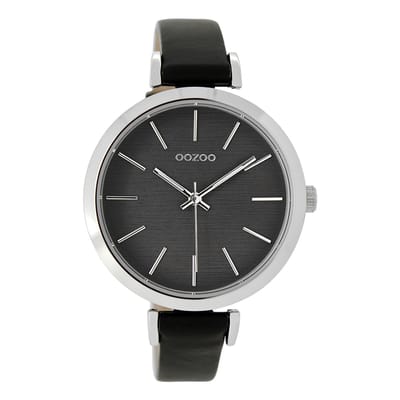 OOZOO Timepieces - Zilverkleurige horloge met zwarte leren band - C9139