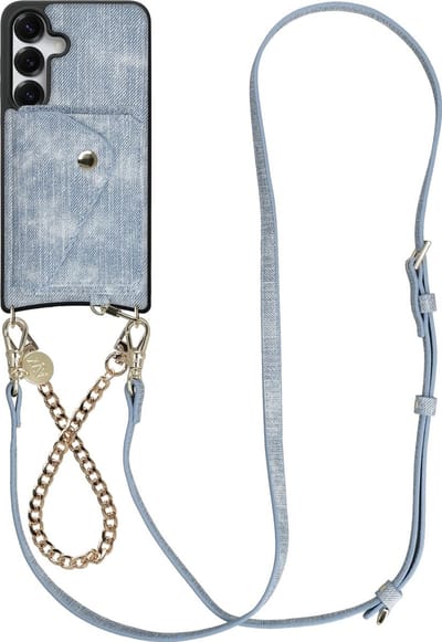 AVY Hoesje geschikt voor Samsung Galaxy S25 / S24 | Met Koord en Kaarthouder | Compatibel met MagSafe | Kunstleren Case met Polsand & Crossbody Koord & Wallet | Gold Denim Set | Denim