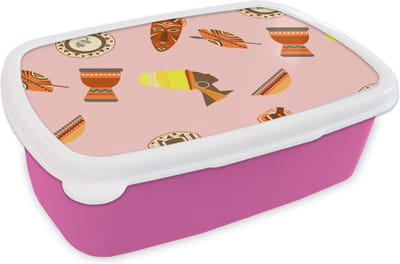Broodtrommel Roze - Lunchbox - Brooddoos - Afrika - Djembé - Patronen - Afrikaanse maskers - 18x12x6 cm - Kinderen - Meisje
