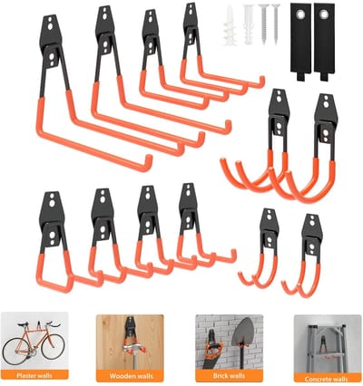 OwlyVision Garagehaken Set van 12 - Zware Metalen Wandhaken voor Fiets, Ladder en Gereedschap - Antislip Coating - Ophangsysteem voor Garage, Schuur en Berging - Zwart/Oranje