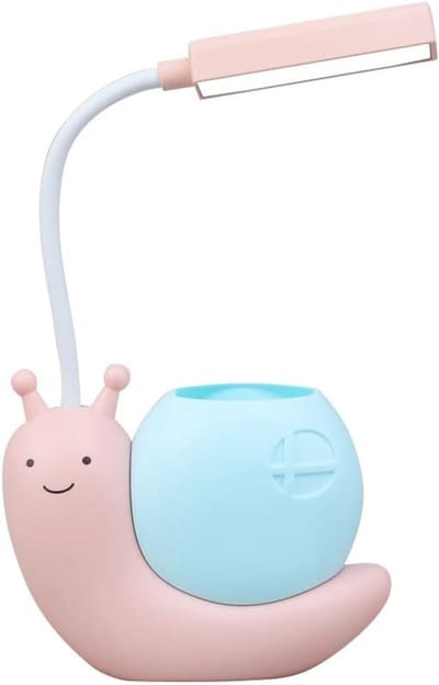 Leuke kinderlamp met pennenhouder, LED-bureaulamp voor kinderen, slakvormige USB-oplaadbare lamp met oogbescherming voor leerlingen en een 360° buigbare, verstelbare hals,Roze