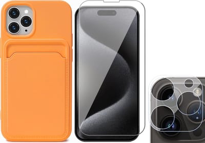 Hoesje Pasjeshouder geschikt voor iPhone 15 Pro - Screenprotector GlassGuard + Camera Lens Screen Protector - Siliconen Case Back Cover Oranje
