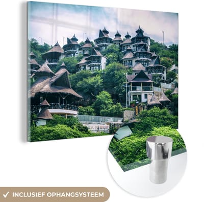 ® Glasschilderij 180x120 cm - Schilderij acrylglas - Panoramisch zicht op de indrukwekkende huizen in Santa Marta - Foto op glas - Muurdecoratie woonkamer - Wanddecoratie slaapkamer - Schilderijen