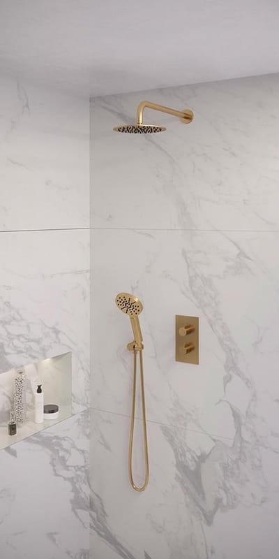 Brauer Gold Edition thermostatische inbouw regendouche 3-weg omstelling SET 33 met 20 cm douchekop en gebogen muurarm en 3-standen handdouche en doucheslang en wandaansluitbocht goud geborsteld PVD