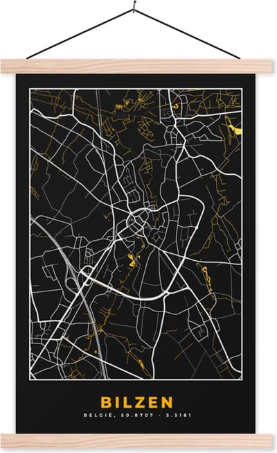 Posterhanger incl. Poster 40x60 cm - Schoolplaat - Stadskaart - Bilzen - Goud - Kaart - Plattegrond - Textielposter - Blanke latten - Stadskaart