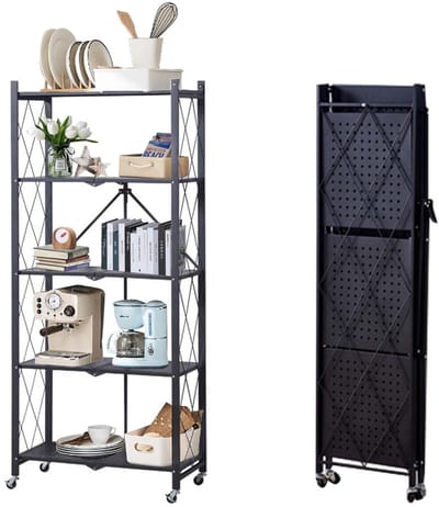 Opvouwbaar metalen opbergrek met wieltjes | 5 lagen | 272kg draagvermogen | 71x38x160 cm | Geen montage nodig | Zwart | Vrijstaand rek voor voorraadkast, kantoor, kelder