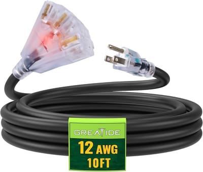 10 Ft Lichtgewicht Tuinslang met 3 Elektrische Stopcontacten - Zware Kwaliteit 12/3 SJTW Katoenen Voedingskabel