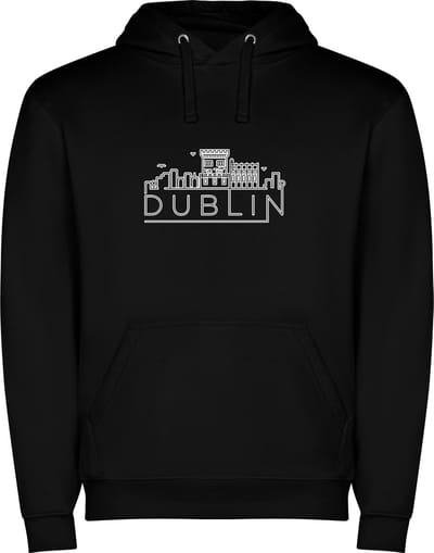 Zwarte unisex hoodie met “ Sky Line Dublin Ierland – Vakantiegevoel – Strak – Modern “ Print Full Color Color merk Roly maat S