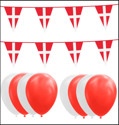 Denemarken feestpakket Big- 6x Vlaggenlijn 10 meter + 100 ballonnen rood/wit - Versiering Slinger Feestdecoratie Decoratie