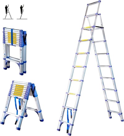 Telescopische trapladder 10 treden - hoogte verstelbaar tot 4,4 m, aluminium, 150 kg draagvermogen, veilig en stabiel