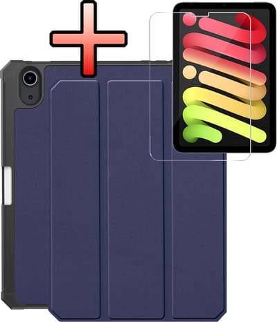Hoes - Geschikt voor Apple iPad Mini 7 (2024) - 8.3 inch - 7e Generatie - Met Screenprotector - Trifold Bookcase - Hard Cover Case - Met Uitsparing Geschikt voor Apple Pencil - Hardcover Book - Tablet Hoesje - Donkerblauw