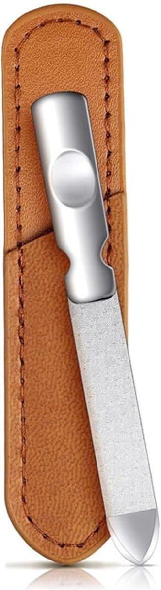 Professionele Dubbelzijdige RVS Vijl voor Nagels met Puntige Tip, Wasbaar en Met Antislip Handvat, Inclusief Leren Etui voor Vrouwen