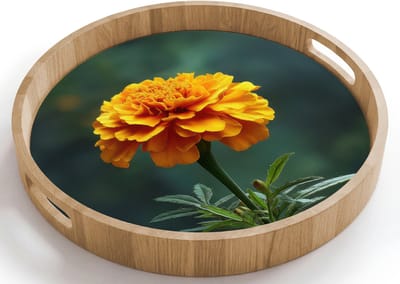 Dienblad rond 40x40 cm - Schootdienblad hout - Bloemblaadjes - Afrikaan - Oranje - Wazig - Borrelplank rechthoek - Plateau houten dienbladen