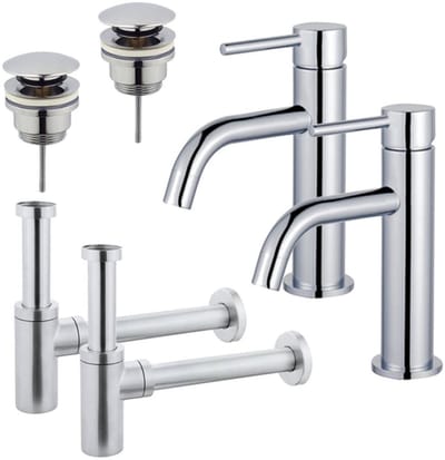 FugaFlow Eccelente Sobrado Badkamer Slim Wastafelkraanset - voor dubbele wastafel - lage wastafelkraan - klikwaste plug - design sifon - Chroom