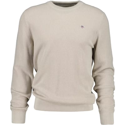 Gant Trui Solid Color Micro Textured Cotton Crew Neck Clay Beige / male