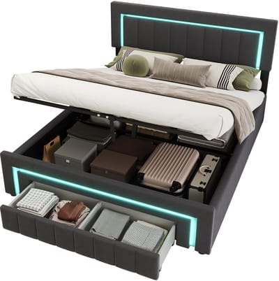Wishdor Gestoffeerd Bed met LED - Twijfelaar 140x190 - Hydraulische Opbergruimte & Lade - Fluweel Donkergrijs