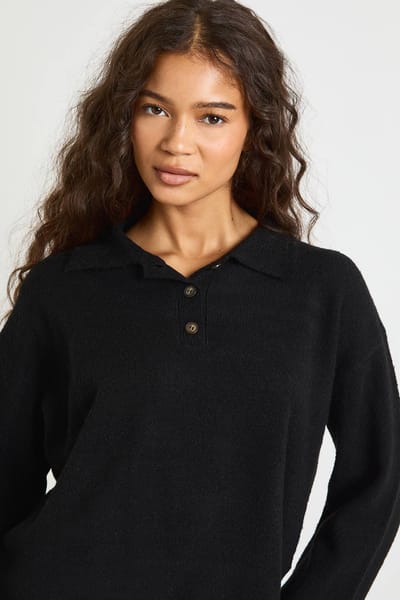 boohoo Dames Kraag met knoopoverhemd oversized gebreide trui en rechte pijpenbroek set | Black | Maat: Small