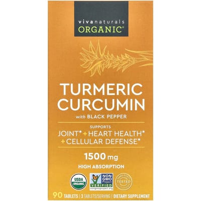 Viva Naturals, Curcumine de Curcuma Bio avec Poivre Noir, 1 500 mg, 90 Comprimés (500 mg par comprimé)