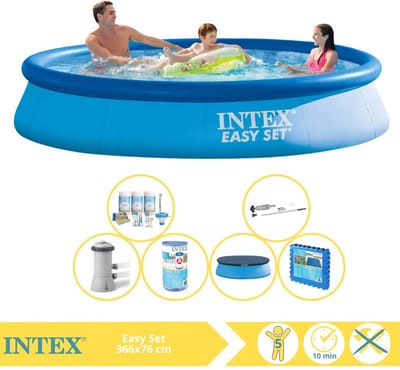 Intex Rond Opblaasbaar Easy Set Zwembad - 366 x 76 cm - Blauw - Inclusief Pomp - Afdekzeil - Onderhoudspakket - Filter - Stofzuiger - Vloertegels - 7-delig