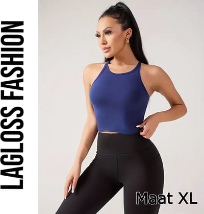 LaGloss® Dames Yoga Tanktop Blauw Katoen – Snel Droog Fitness Top met Ingebouwde BH – Ademend Sportshirt voor Yoga, Hardlopen & Gym – Maat XL