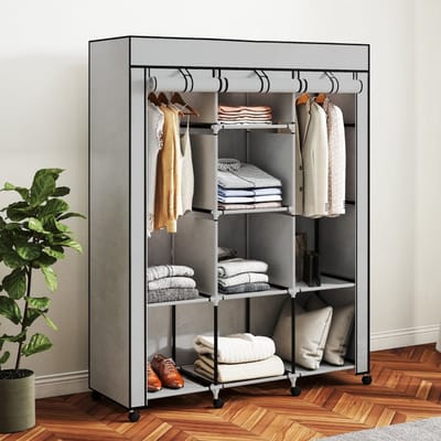 MODFU Stoffen Kledingkast - 8 Planken En 2 Kledingroedes - Compact - Slaapkamer Of Wasruimte - Lichtgrijs - 125 x 43 x 162,5 cm