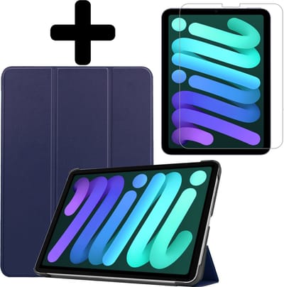 Hoes - Geschikt voor Apple iPad Mini 6 (2021) - 8.3 inch - 6e Generatie - Met Screenprotector - Trifold Bookcase - Hard Cover - Hardcover Book Case - Tablet Hoesje - Donkerblauw