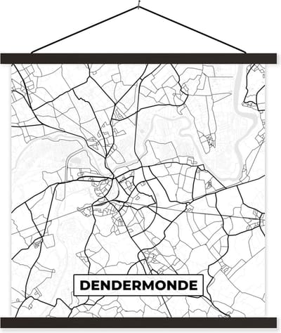 Posterhanger incl. Poster 60x60 cm - Schoolplaat - Stadskaart – Zwart Wit - Kaart – Dendermonde – België – Plattegrond - Textielposter - Zwarte latten - Stadskaart