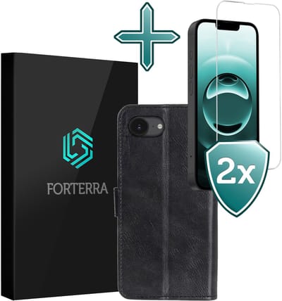 Hoesje Met 2x Screenprotector - Geschikt voor Apple iPhone 16e - Luxe Pasjeshouder - Flip Case - Bookcase Portemonee - Kunstleer Book Case - Flipcase Hoes - Book Cover - Walletcase - Portemonneehoes - Zwart