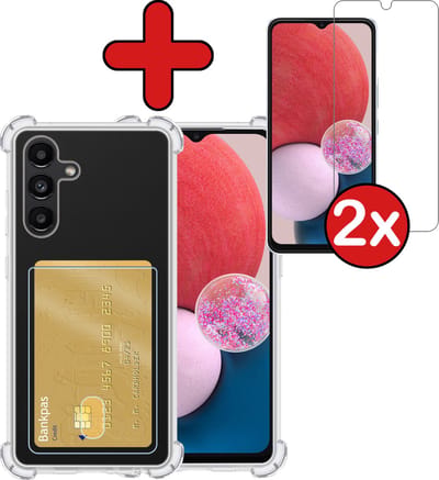 Hoesje - Geschikt voor Samsung Galaxy A13 4G - Met 2x Screenprotector - Pashouder - Kaarthouder - Back Cover - Telefoon Hoes Shockproof - Siliconen Case - Shock Proof - Pasjes Houder - Telefoonhoes - Transparant