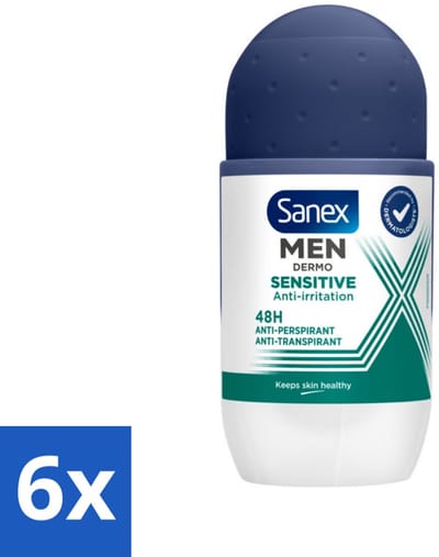 6 x Sanex Men - Deodorant - Roller - Dermo Sensitive - Voor de Gevoelige Huid - 50 ml - Sanex Men Deo Roll-on Dermo Sensitive - Deodorant Voor Gevoelige Huid - Deodorant Voor Mannen - Gevoelige Huid - Deodorant Zonder Alcohol