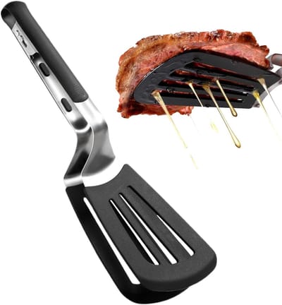 Tang met spatel - Keukengereedschap - Eten omdraaien - Afvoergaten voor vet - 348 cm - Zwart