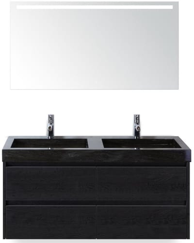 Dante Badmeubelset 120 cm - Black Oak - Wastafel Hardsteen Wit Lucca Dubbel met Sence Spiegel