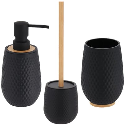 Tendance badkamer accessoires set honeycomb - zwart - rubber/bamboe