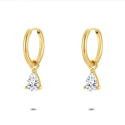 Twice As Nice Oorbellen in goudkleurig edelstaal, oorring met witte druppelvormige zirkonia steen