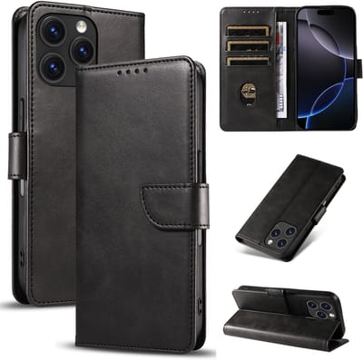 Bookcase Hoesje Geschikt voor iphone 16 Pro – Luxe PU Kalfsleer Telefoonhoes – Portemonnee Hoesje met Kaartvakken, Contant Geldvak, Magneetsluiting & Standaardfunctie - Zwart