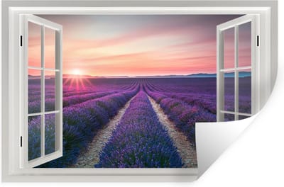 Muurstickers - Sticker Folie - Doorkijk - Zonsondergang - Lavendel - 120x80 cm - Plakfolie - Muurstickers Kinderkamer - Zelfklevend Behang - Zelfklevend behangpapier - Stickerfolie