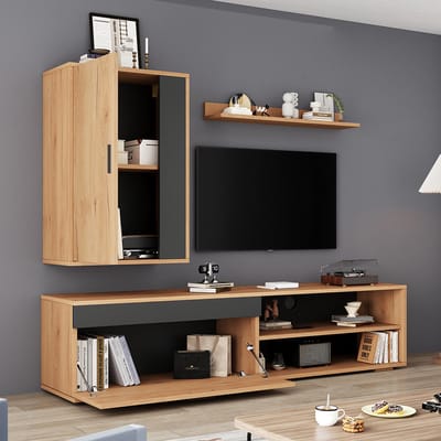 BLACKCOLORS TV-wandmeubel 140*35*39 cm (complete set, 3 delen), multimediameubel met tv-meubel, staande plank en wandplank, tv-meubelset voor de woonkamer, modern tv-meubel, staand en hangend, kleur hout + zwart