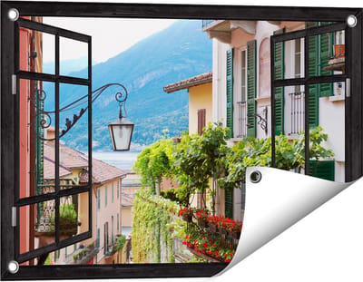 Gards Tuinposter Doorkijk Kleurijk Straatje in Italie - 60x40 cm - Tuindoek - Tuindecoratie - Wanddecoratie buiten - Tuinschilderij