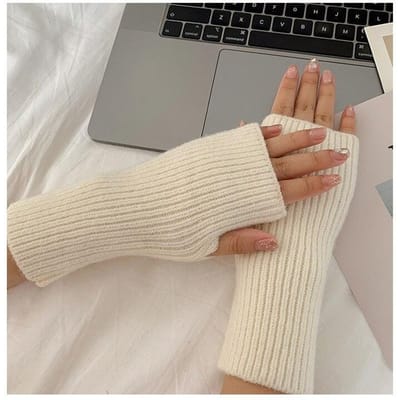 Solide halfvingerhandschoenen voor dames, winterzachte en warme wollen gebreide armhandschoenen beige