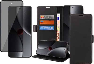 Book Case & Privacy Screenprotector geschikt voor Xiaomi 15 Ultra Hoesje Screenprotector - Privé - Gehard Glas Cover - Magnetische Sluiting - Portemonnee Rustic Zwart