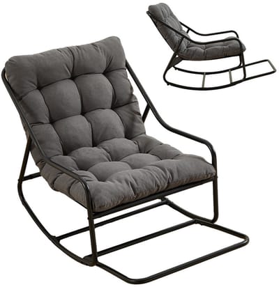 Schommelstoel voor buiten - Comfortabel kussen - met zacht, dik kussen - voor woonkamer, slaapkamer of leesruimte - Zwart frame met grijs kussen