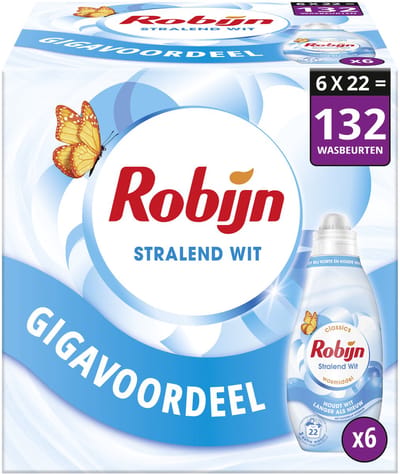 Robijn - Vloeibaar Wasmiddel - Klein & Krachtig - Stralend Wit - 6 flessen - 132 wasbeurten