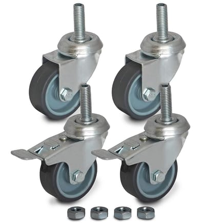 Set van 4 zwenkwielen 50 mm met M10 schroefboutbevestiging en reserve moeren