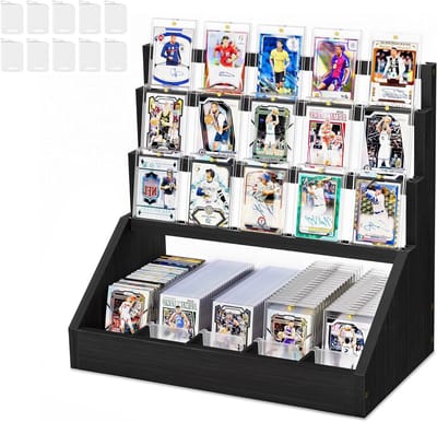 Drie-laags kaartenhouder voor trading cards, houten opbergcase met 5 rijen en kaartstopper, grote capaciteit voor sport- en voetbalkaarten, ideaal voor het bewaren van gesorteerde verzamelingen