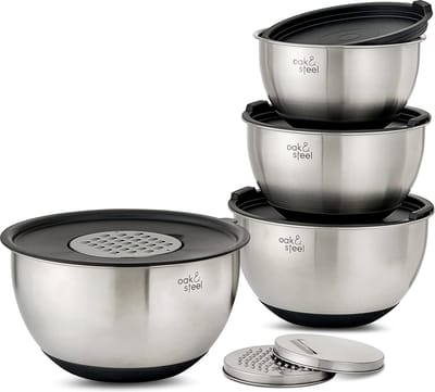 Roestvrijstalen Mengkommen Set - 4-delige Slakom met Antislip Bodem - 45 l, 35 l, 25 l, 2 l - Luchtdichte Deksels en Verstelbare Raspen - Geschenkset