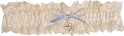 Kousenband Ivoorkleurig Broderie - Grote Maat - Blauw Strikje & Klavertje