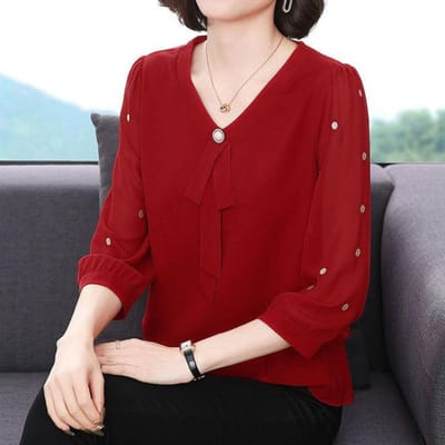 Mom Blouses Effen Chiffon Blouse Casual Dunne en Mooie Lange Mouw Vrouwen Shirts Kleding 2XL rood