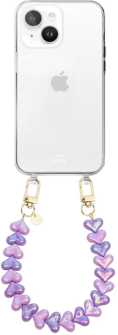 xoxo Wildhearts siliconen hoesje - Geschikt voor iPhone 15 Plus hoesje - Funky Hearts (Pink & Purple Metallic) - Telefoonhoesje - Hoesje met koord - Roze en Paars koord - kort telefoonkoord - Hartjes ketting - Transparant hoesje