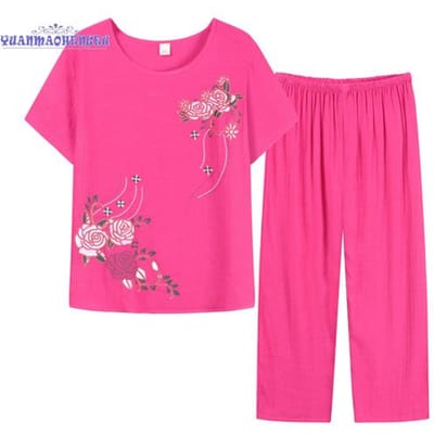 Femmes vêtements été Homewear ensemble à manches courtes imprimé fleuri T-shirt pantalon ample deux pièces ensemble tenue pour d'âge moyen XL rouge rose
